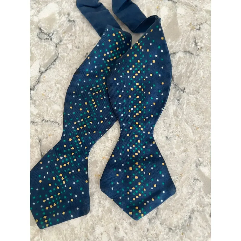 Sulka 100% Silk Self Tie Bow Tie Navy Yellow Green Geometric 15.5-15 3/4 JL